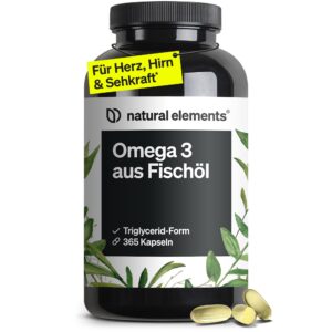 natural elements Omega 3 – 365 Kapseln – 2000mg Fischöl pro Tagesdosis – mit EPA und DHA in Triglycerid-Form – Laborgeprüft und aufwendig aufgereinigt Einzelpack (1 Dose)